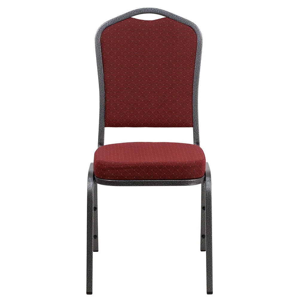 HERCULES Series Crown Back Stacking Banquet Chair in Burgundy Patterned Fabric - Silver Vein Frame