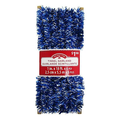 Holiday time tinsel garland- 18 foot blue/silver