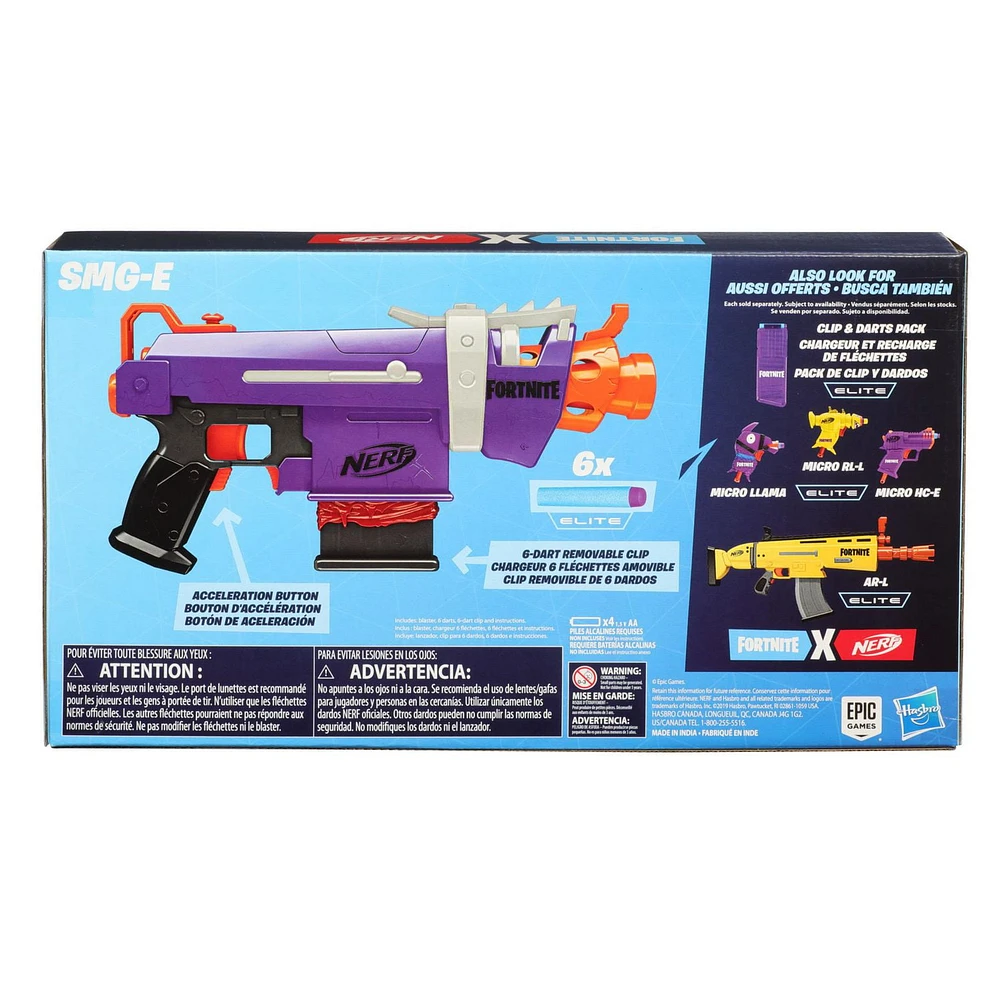 Blaster motorisé Fortnite SMG-E Nerf Elite avec chargeur, 6 fléchettes Nerf Elite Fortnite officielles