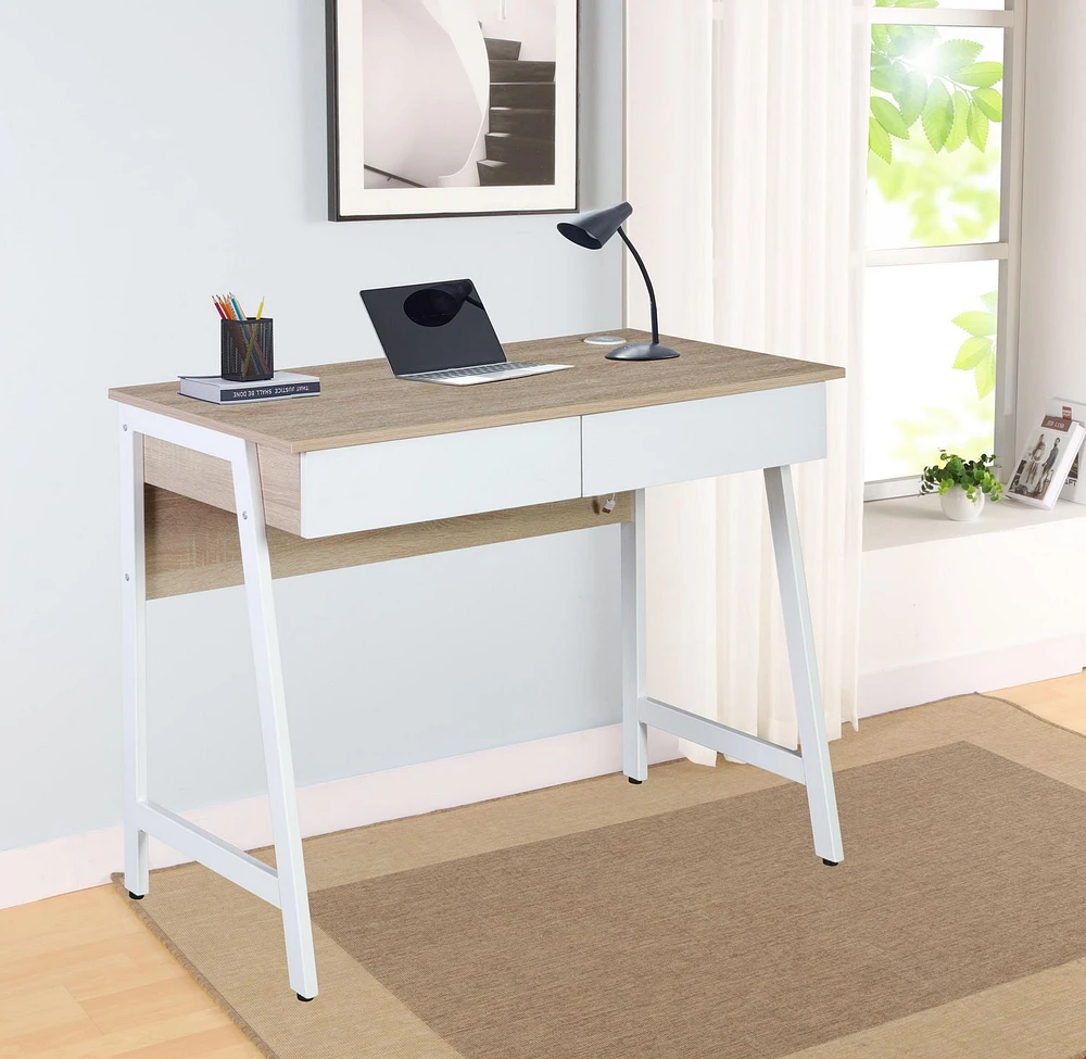 Mainstays 39.4’’ White Computer Desk 2 Drawers Computer Desk with USB Charger Study Writing Table Home Office Workstation, Computer Desk, Computer Desk