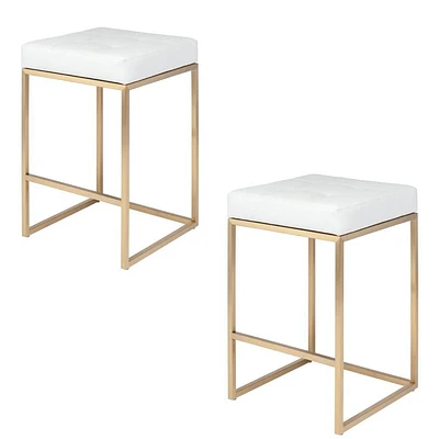 PIPE II COUNTER STOOL with tufted cushion and brushed gold stainless steel frame.