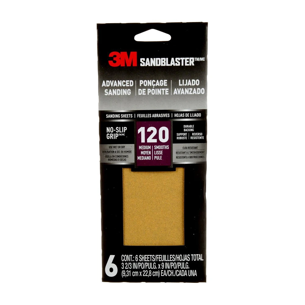 3M™ SandBlaster™ Advanced Sanding Sanding Sheets 11120-G-6, with NO-SLIP GRIP, 220 Grit, 3 2/3 in x 9 in, 6/Pack