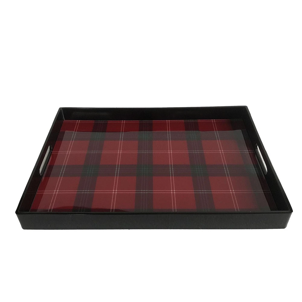 HOLIDAY TIME PLASTIC RECTANGLE SERVING TRAY RED PLAID DESIGN 18.9IN