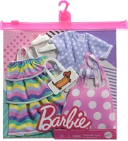 Barbie Fashions 2-Pack Clothing Set, 2 Outfits for Barbie Doll Include Pink Polka-Dot Jumper, Purple Polka-Dot Top, Striped Dress & 2 Accessories