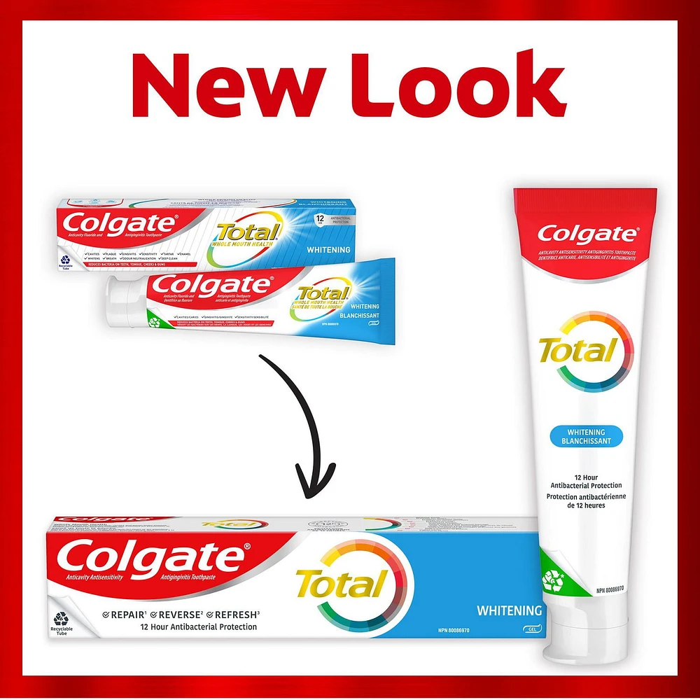 Colgate Total Whitening Toothpaste Gel, Multi-Benefit Teeth Whitening Toothpaste That Whitens Teeth, Freshens Breath & Protects Sensitive Teeth, 70 mL, 70mL