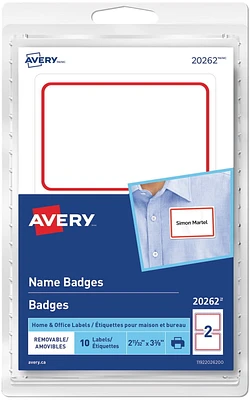 Avery Removable Name Badge Red Border Labels, 2-11/32" x 3-3/8"