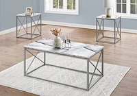 Monarch Specialties Table Set, 3pcs Set, Coffee, End, Side, Accent, Living Room, Metal, Laminate, White Marble Look, Grey, Contemporary, Modern