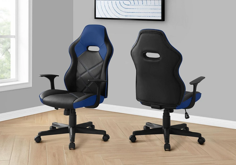 Monarch Specialties Office Chair, Gaming, Adjustable Height, Swivel, Ergonomic, Armrests, Computer Desk, Work, Pu Leather Look, Metal, Blue, Black, Contemporary, Modern