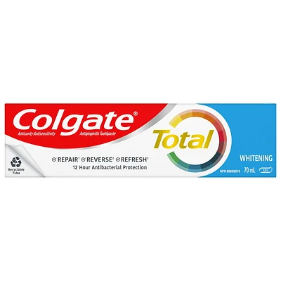 Colgate Total Whitening Toothpaste Gel, Multi-Benefit Teeth Whitening Toothpaste That Whitens Teeth, Freshens Breath & Protects Sensitive Teeth, 70 mL, 70mL