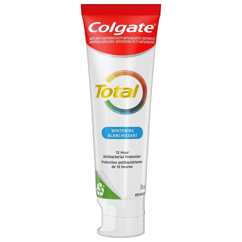 Colgate Total Whitening Toothpaste Gel, Multi-Benefit Teeth Whitening Toothpaste That Whitens Teeth, Freshens Breath & Protects Sensitive Teeth, 70 mL, 70mL