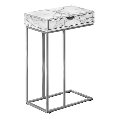 Monarch Specialties Accent Table, C-shaped, End, Side, Snack, Storage Drawer, Living Room, Bedroom, Metal, Laminate, White Marble Look, Grey, Contemporary, Modern