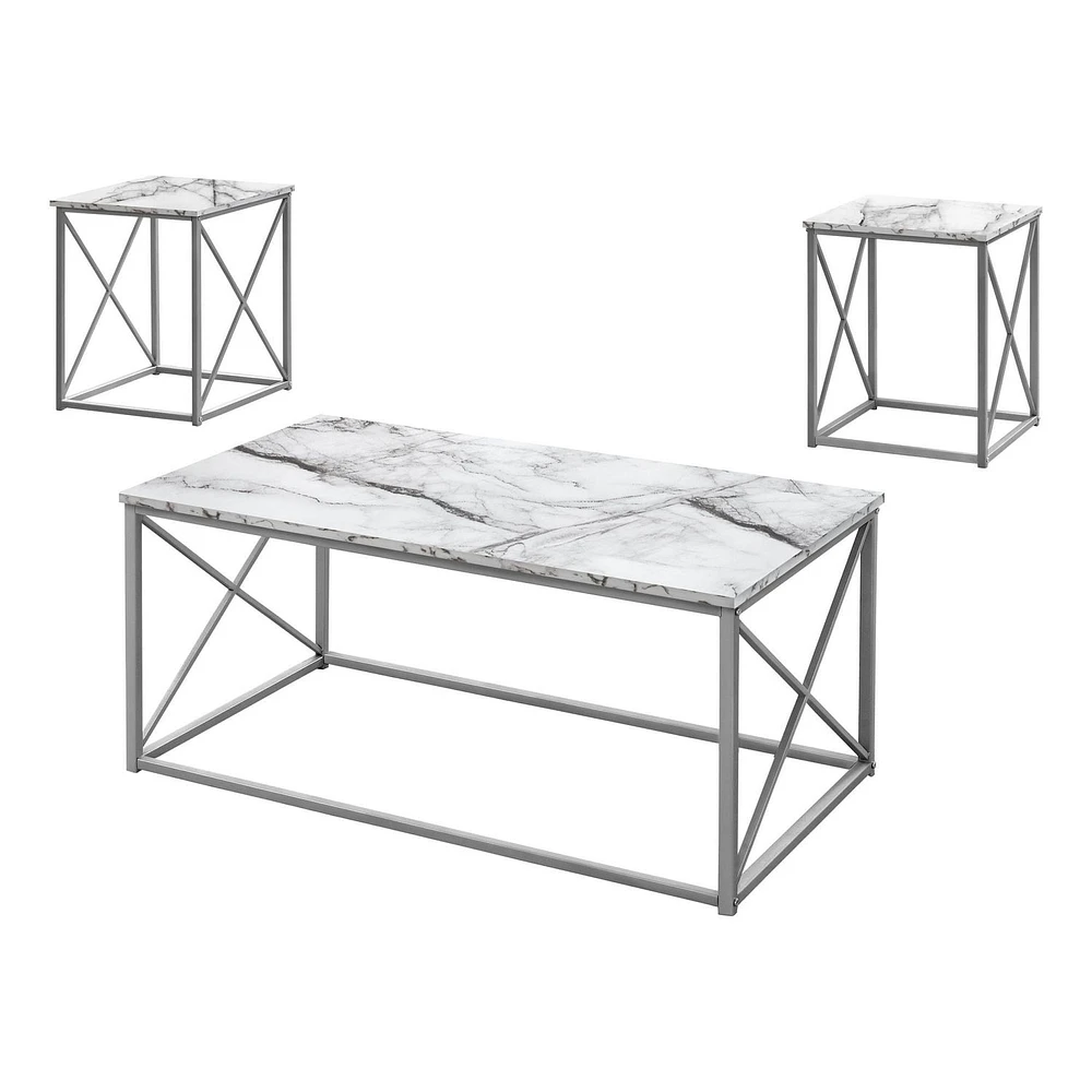 Monarch Specialties Table Set, 3pcs Set, Coffee, End, Side, Accent, Living Room, Metal, Laminate, White Marble Look, Grey, Contemporary, Modern