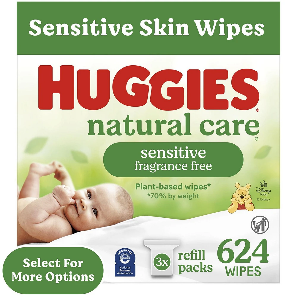 Lingettes pour bébés Huggies Natural Care pour peau sensible, NON PARFUMÉES, 3 recharges, total de 624 lingettes total de 624 lingettes