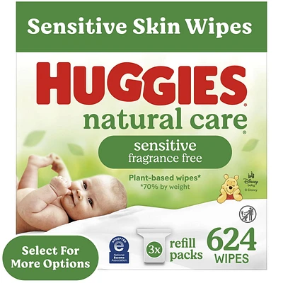 Lingettes pour bébés Huggies Natural Care pour peau sensible, NON PARFUMÉES, 3 recharges, total de 624 lingettes total de 624 lingettes