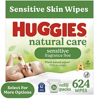 Lingettes pour bébés Huggies Natural Care pour peau sensible, NON PARFUMÉES, 3 recharges, total de 624 lingettes total de 624 lingettes