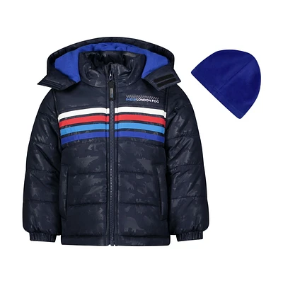 London Fog Infant boys coat, front zip, dino embossed print with fleece beanie