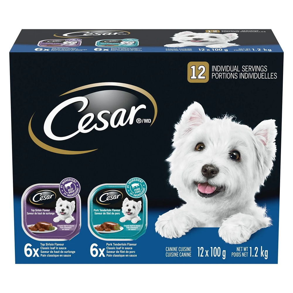 Cesar Adult Classic Loaf In Sauce Pork Tenderloin Flavour & Top Sirloin Flavour Variety Pack Soft Wet Dog Food, 12x100g