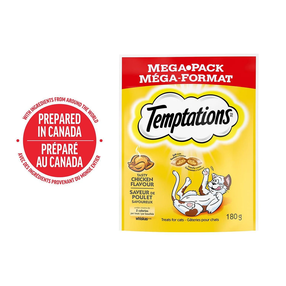 Gâteries pour chats Temptations saveur de poulet savoureux, tendres à l'intérieur, croquantes à l'extérieur 180 g
