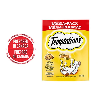 Gâteries pour chats Temptations saveur de poulet savoureux, tendres à l'intérieur, croquantes à l'extérieur 180 g