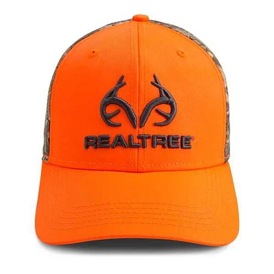 Licensed Realtree logo cap in blaze and Realtree Edge camoflauge in side and back panels.  Fabric backstrap with velcro closure.  One size fits most.