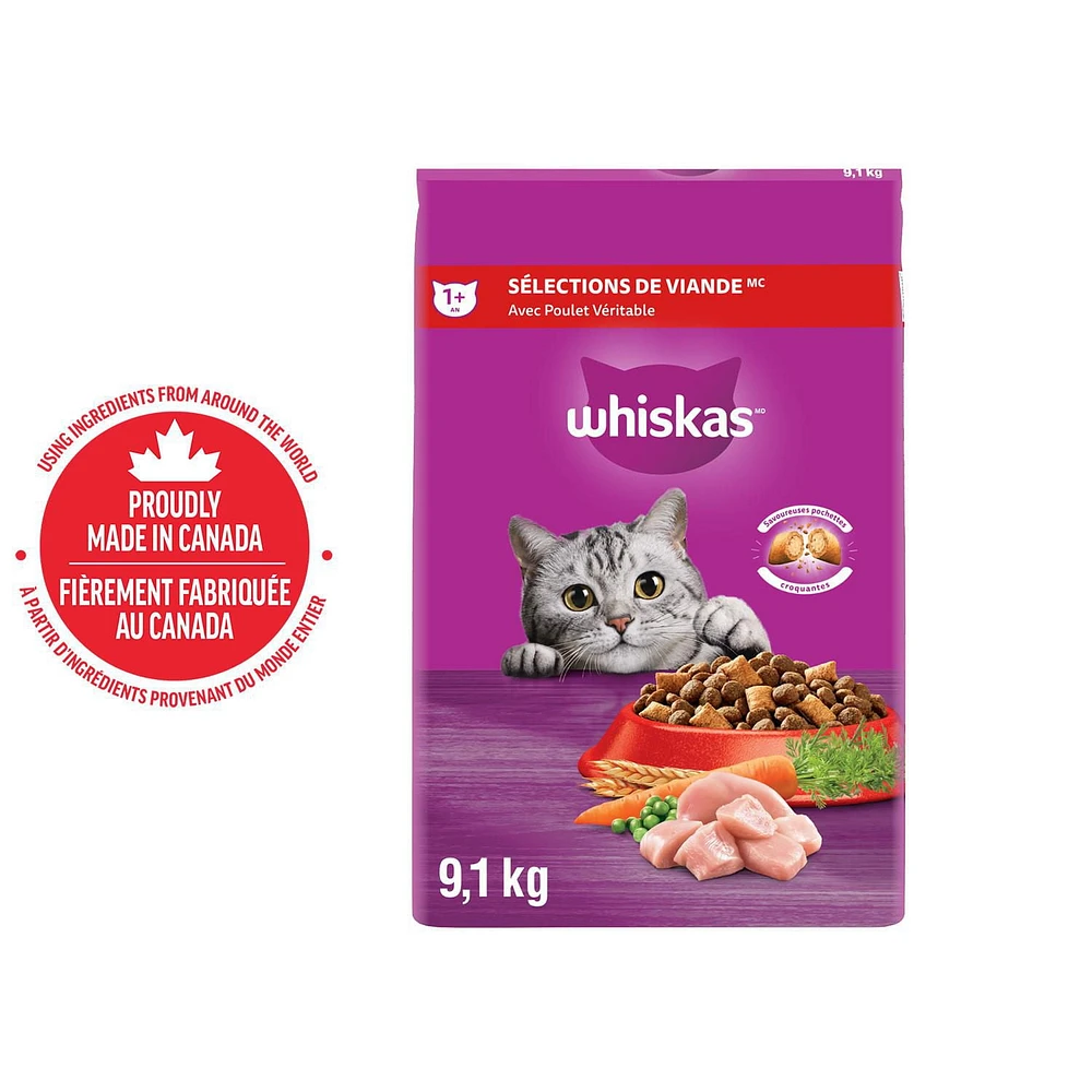 WHISKAS Adult Dry Cat Food Meaty Selections With Real Chicken, 2 - 9.1kg