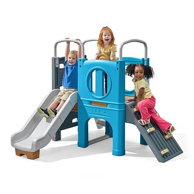 Step2 Scout & Slide Climber Toddler Playset Toddler Play Gym with Elevated Kids Playhouse, Kids Slide, Two Climbing Walls, Steering Wheel, and Metal Bars Dimensions 72.5in x 70in x 55.75in