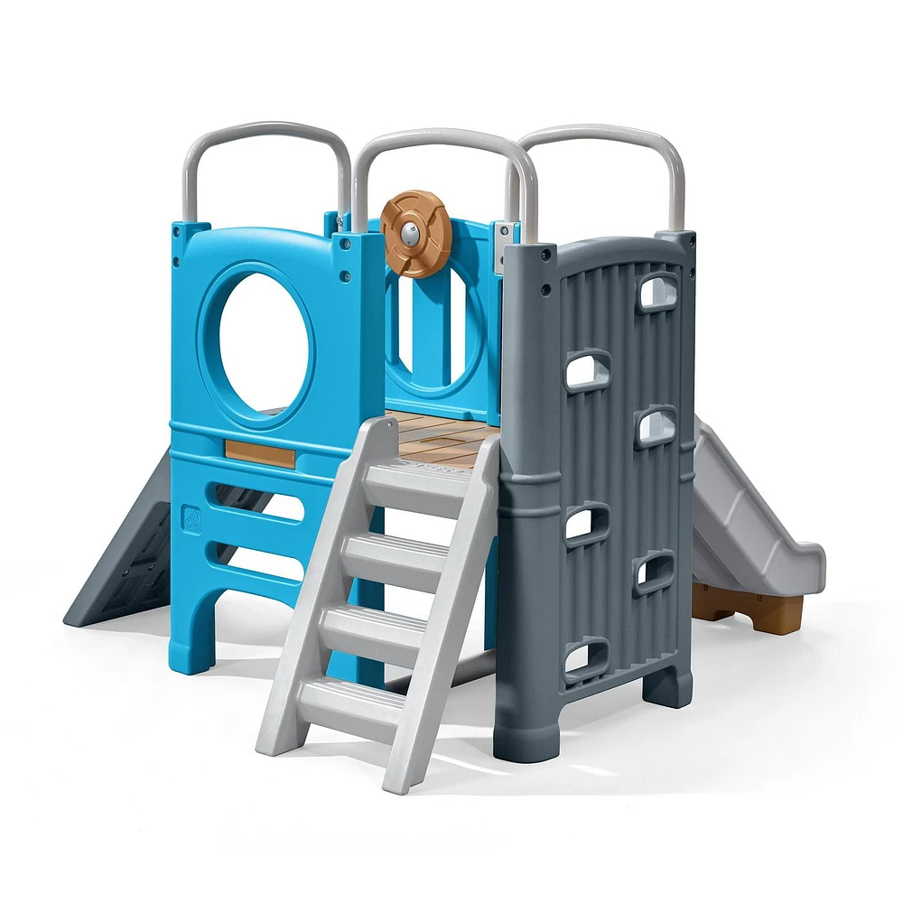 Step2 Scout & Slide Climber Toddler Playset Toddler Play Gym with Elevated Kids Playhouse, Kids Slide, Two Climbing Walls, Steering Wheel, and Metal Bars Dimensions 72.5in x 70in x 55.75in