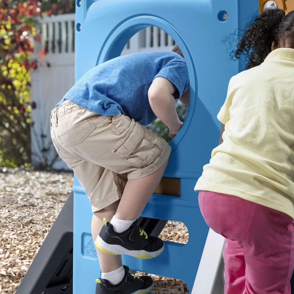 Step2 Scout & Slide Climber Toddler Playset Toddler Play Gym with Elevated Kids Playhouse, Kids Slide, Two Climbing Walls, Steering Wheel, and Metal Bars Dimensions 72.5in x 70in x 55.75in