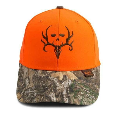 Licensed Bone Collector embroidered logo cap in blaze with Realtree Edge camoflauge visor.  Added Bone Collector woven label in front.  One size fits most.