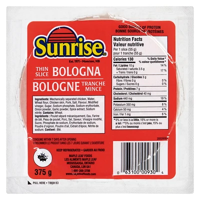 Sunrise Thin Sliced Bologna, 375 g