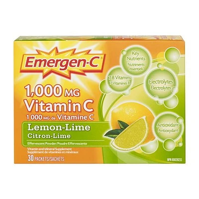 Emergen-C® Lemon-Lime 1000mg Vitamin C / Electrolytes / B Vitamins Mineral Supplement, 30 packs