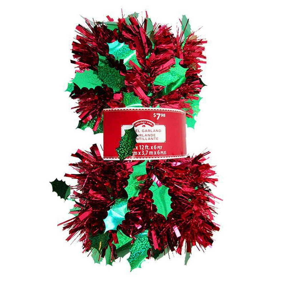 Holiday Time Tinsel Garland- holly leaf with red