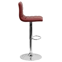 Contemporary Burgundy Vinyl Adjustable Height Barstool with Horizontal Stitch Back and Chrome Base