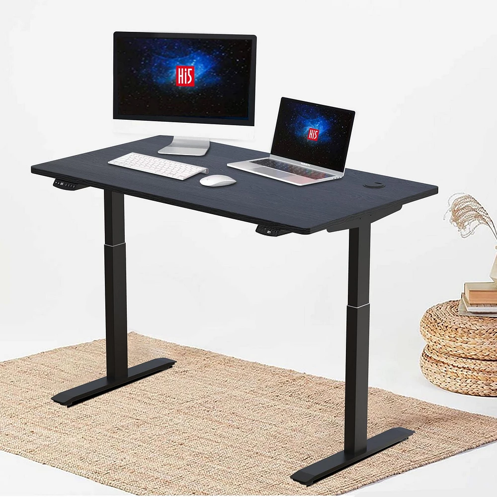 Hi5 Electric Height Adjustable Standing Desks with Rectangular Tabletop (47.25" x 24"/120 x 60cm), Black Top/Black Frame