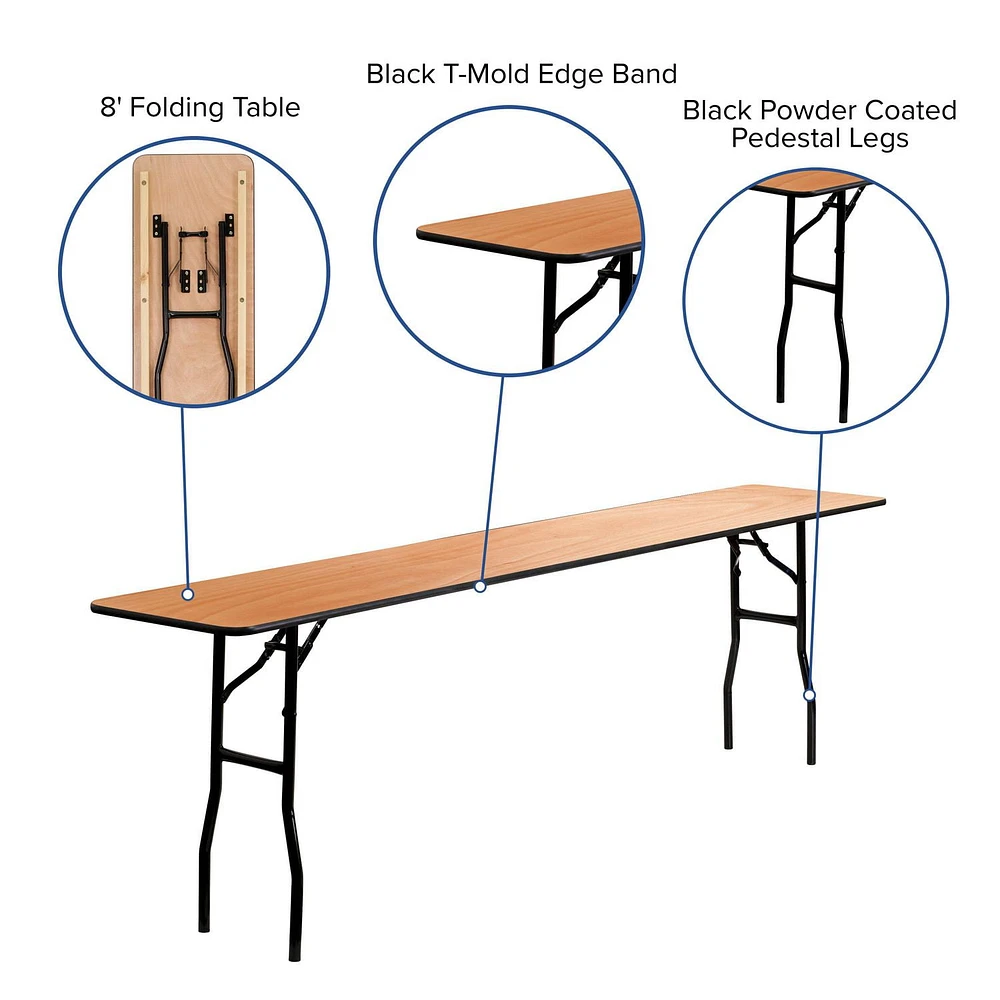 18'' x 96'' Rectangular Wood Folding Training / Seminar Table with Smooth Clear Coated Finished Top