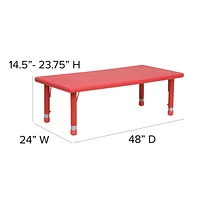 24''W x 48''L Rectangular Red Plastic Height Adjustable Activity Table Set with 6 Chairs