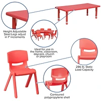 24''W x 48''L Rectangular Red Plastic Height Adjustable Activity Table Set with 6 Chairs