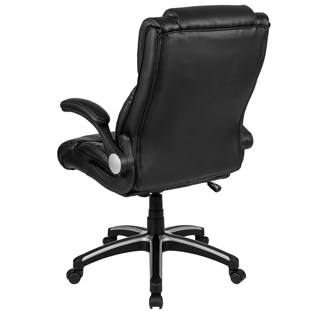 High Back Black Leather Executive Swivel Chair with Double Layered Headrest and Open Arms