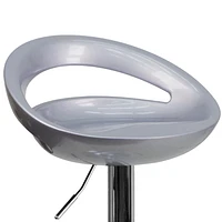 Contemporary Silver Plastic Adjustable Height Barstool with Rounded Cutout Back and Chrome Base