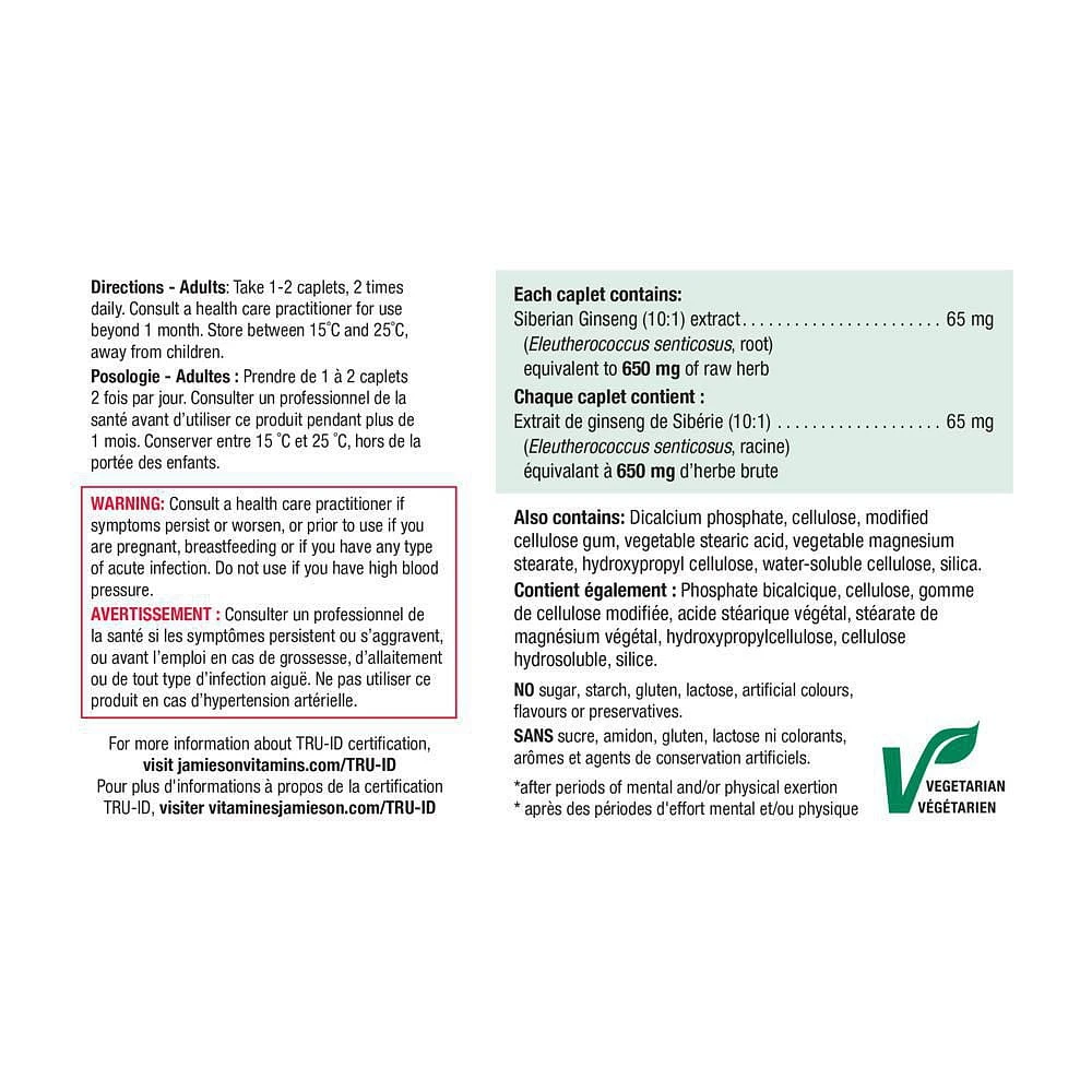 Jamieson Caplets de Ginseng de Sibérie 100 comprimés