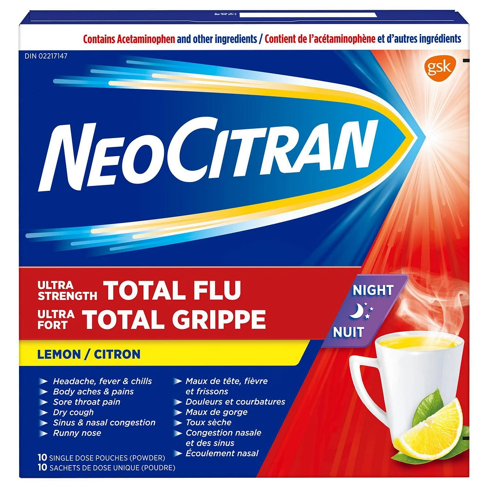 NeoCitran Ultra Strength Total Flu Night Lemon, 10 single dose pouches