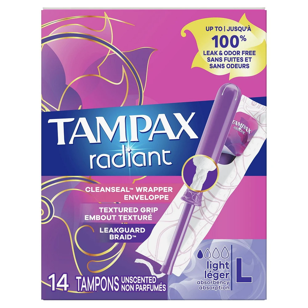 Tampax Radiant Tampons Light Absorbency with BPA-Free Plastic Applicator and LeakGuard Braid, Unscented