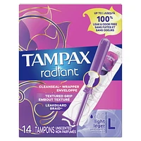 Tampax Radiant Tampons Light Absorbency with BPA-Free Plastic Applicator and LeakGuard Braid, Unscented