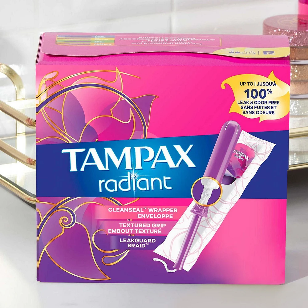 Tampons Tampax Radiant, avec tresse anti-fuites LeakGuard, degré d’absorption léger, non parfumés, 14 tampons