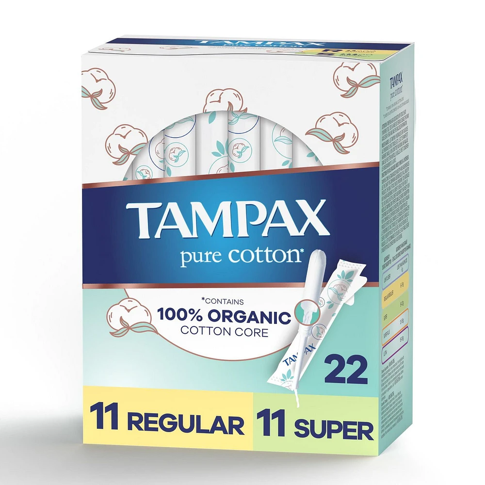 Tampons Tampax Pure Cotton, avec centre fait à 100 % de coton biologique, emballage duo, degré d’absorption régulier/super 22 u, non parfumés