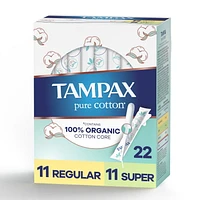 Tampons Tampax Pure Cotton, avec centre fait à 100 % de coton biologique, emballage duo, degré d’absorption régulier/super 22 u, non parfumés