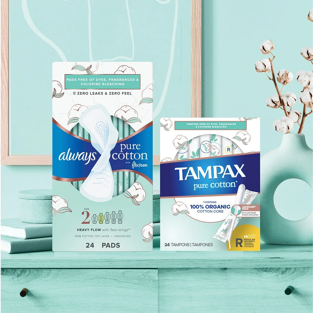Tampons Tampax Pure Cotton, avec centre fait à 100 % de coton biologique, emballage duo, degré d’absorption régulier/super 22 u, non parfumés