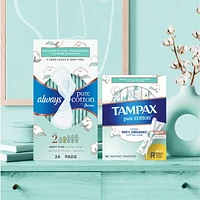 Tampons Tampax Pure Cotton, avec centre fait à 100 % de coton biologique, emballage duo, degré d’absorption régulier/super 22 u, non parfumés
