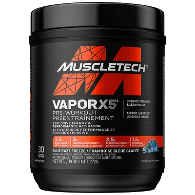 Pre Workout Powder, MuscleTech Vapor X5 Pre-Workout, Pre Workout Powder for Men & Women, PreWorkout Energy Powder Drink Mix, Sports Nutrition Pre-Workout Products, Blue Raspberry Freeze (30 Servings), MuscleTech Vapor X5 Pre-Workout Powder