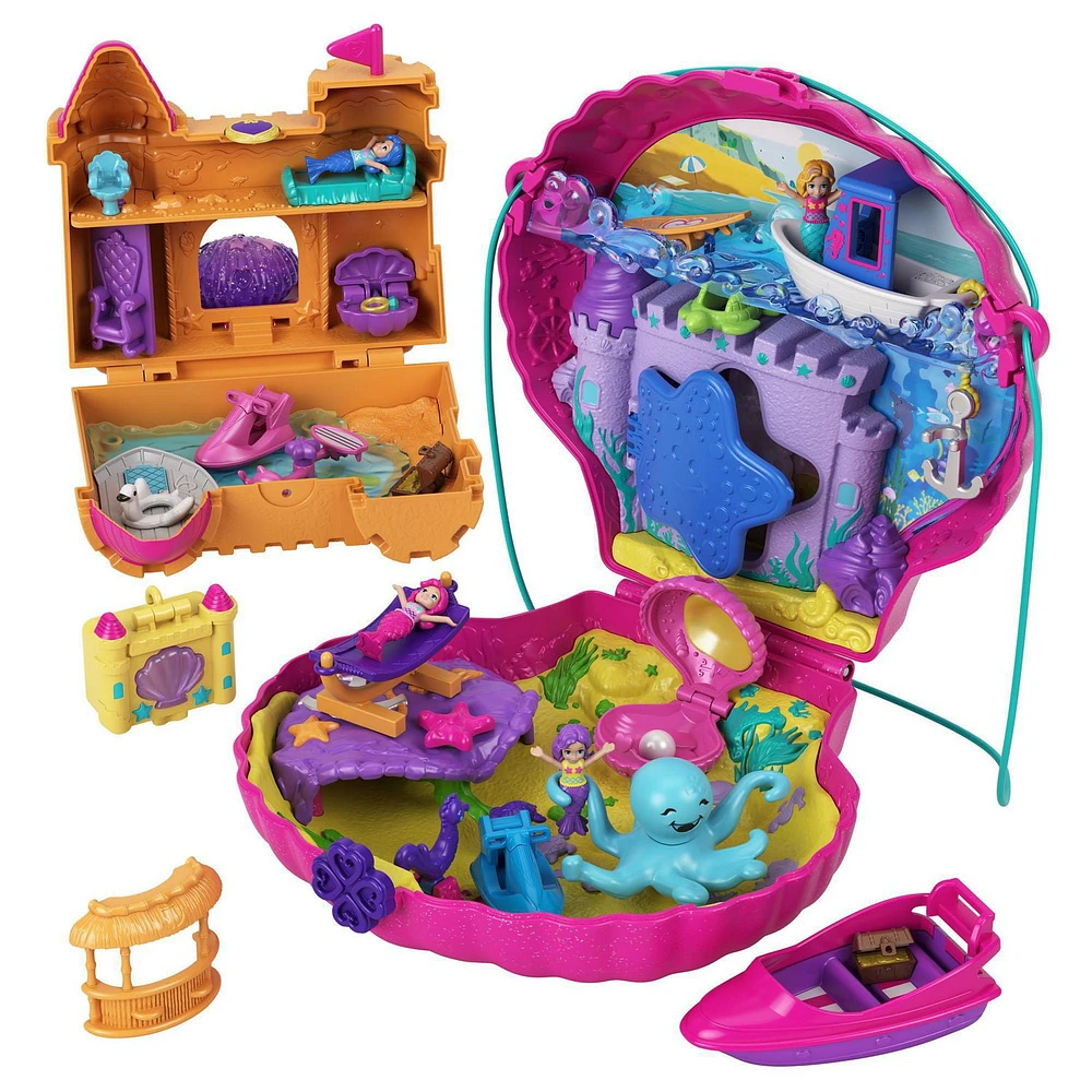 ​Polly Pocket Style & Sparkle Mermaid Pack with 4 Micro Dolls, Seashell Purse Compact, Surf ‘n’ Sandventure Compact, 4 Tiny Takeaways Pieces, 2 Necklaces, Boat, Submarine, 2 Jet Skis, Tiki Bar, 4 Floaties & More